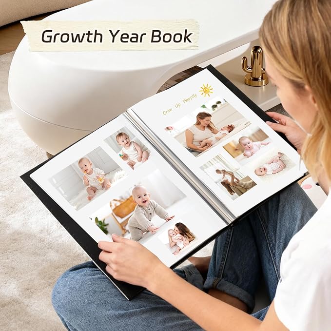 RECUTMS Scrapbook Photo Album 60 Pages Handmade DIY 4x6 5x7 8x10 Photos of Any Size, Button Grain Leather Cover of Wedding Self Adhesive Photo Album Baby Picture Book Family Scrapbook Picture Album