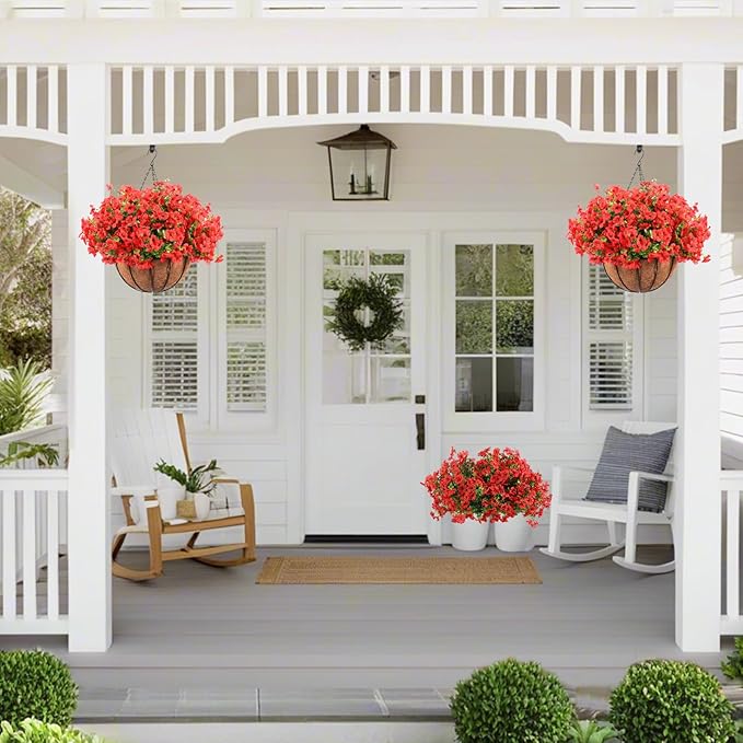 Hananona 24 Pcs Artficial Outdoor Flowers with Hanging Baskets, 2 Pack Hanging Planter with Red Outdoor Spring Flowers for Christmas Porch Home Patio Yard Decor (2, Red)