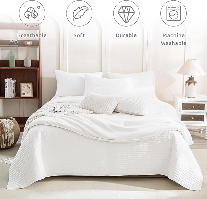 Sanracie Stonewashed Oversized King Bedspread(128"x120"), Cotton Milk White Extra Large Wide Oversized Quilt Coverlet Cross Stitch Soft Lightweight 3Pcs Crinkle Bed Coverlet Set