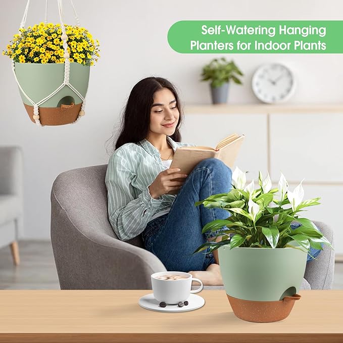 Hanging Planters for Indoor Outdoor Plants, 2 Pack Self Watering Hanging Pot with Drainage Holes, Removable Tray & 2 Kinds of Plant Hangers, 10'' Hanging Flower Pots for Home Garden Decor, Green