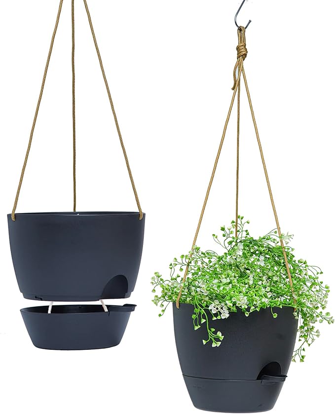 8 inch Hanging Planters, 2 Pack Self Watering Hanging Pots with 20oZ Deep Reservoir for Indoor Outdoor Plants Flowers, Black
