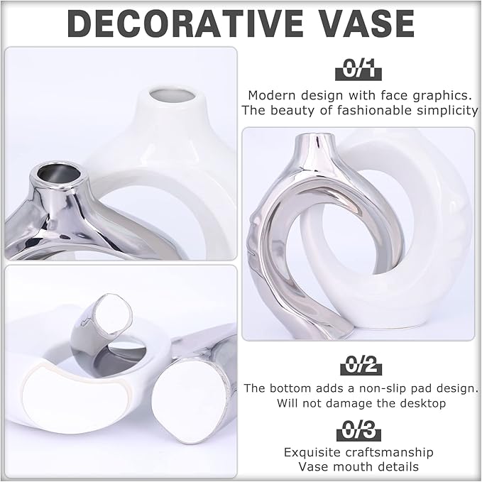 White Ceramic Vase Set of 2, White and Silver Round Donut Ceramic Decorative Vase for Living Room Decor, Bookshelf, Mantel, Dining Table Centerpiece Decor (White Silver)