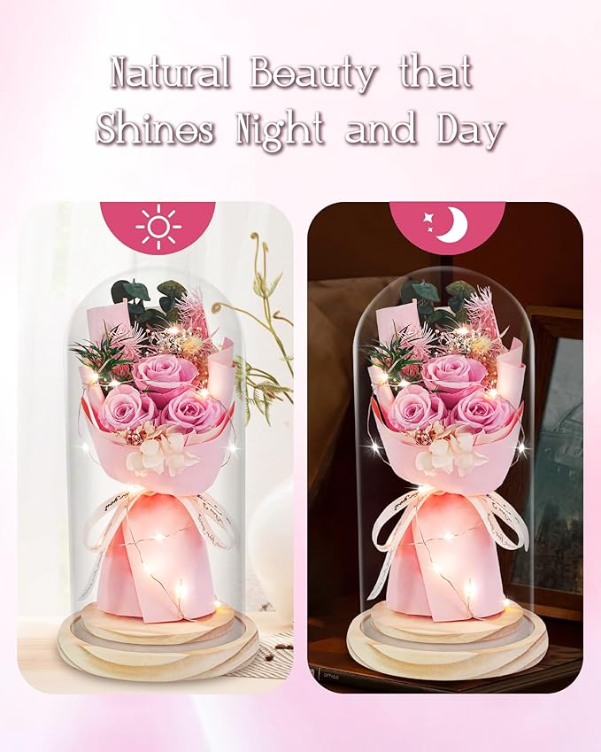 HVY Preserved Flowers Gifts for Her,Preserved Rose Bouquet in Glass Dome,Forever Flowers Fresh Bouquet Present for Women Mothers Day Birthday Gifts for Mom Wife Grandma,Pink Real Rose
