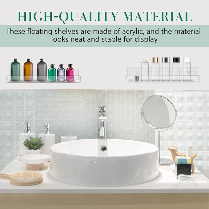 Blulu 30 Packs 15 Inch Acrylic Floating Shelf Wall Mounted Invisible Acrylic Shelf Ledge Floating Bookshelf for Living Room Office Bedroom Bathroom Kitchen Decoration Space Save