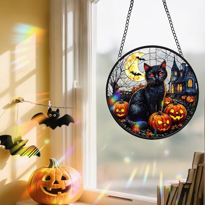 Halloween Sun Catcher - 8 Inch Round Suncatcher for Window Hanging Decoration - Creates Indoor Rainbows Light Refraction - Spooky Ghost, Witch, Pumpkin Design - Suction Cup Hook & Chain