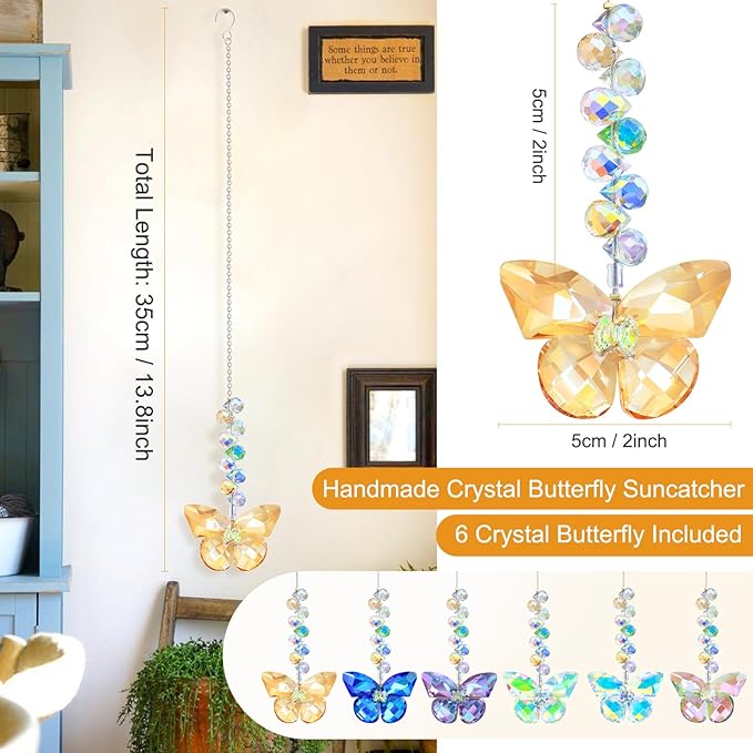 6pcs Crystal Butterfly Suncatchers Hanging Ornaments, Rainbow Maker Sun Catchers Indoor Window Outdoor Patio Garden Decor Gifts (Butterfly)