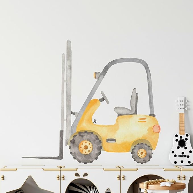 Construction Forklift Wall Decal for Boys Room, Lift Truck Construction Eqipment Peel Stick Removable Fabric Wall Sticker, Nursery or Playroom Decor, Repositionable (16 inch: 14" Tall x 16" Wide)