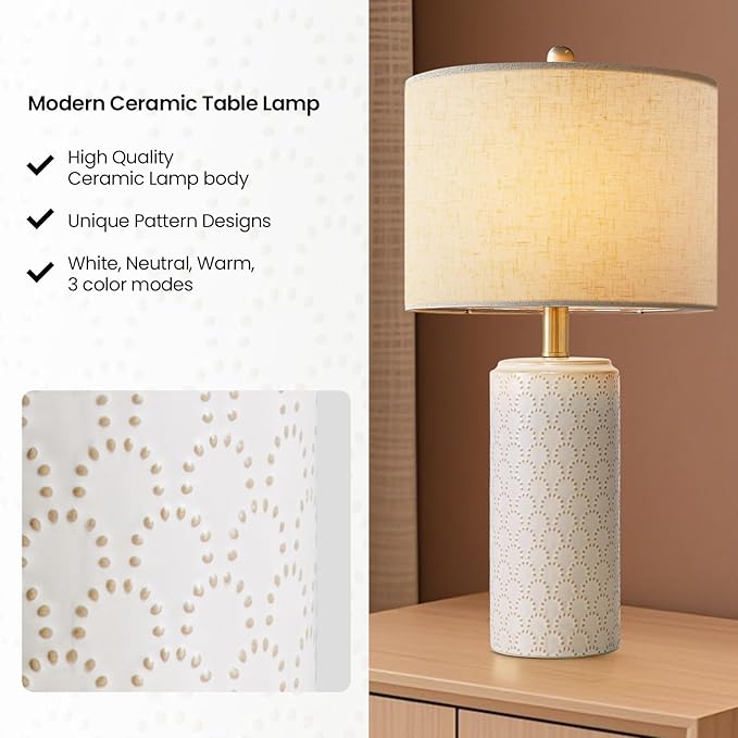 23" Ceramic Table Lamp Set of 2, Modern Farmhouse Bedside Lamps for Bedroom, White Nightstand Lamps for Living Room, Rustic End Table Desk Lamps with Rocker Switch, Home Office Décor