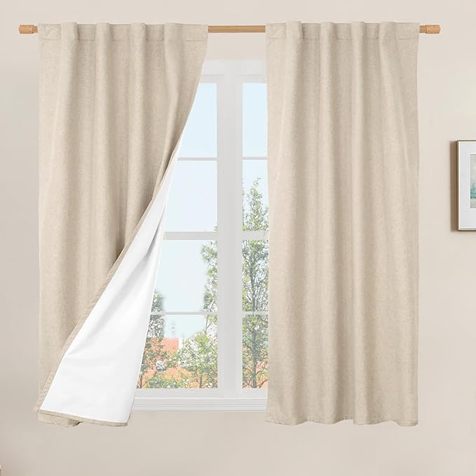 LAMIT 100% Blackout Window Curtains for Bedroom, 45 Inches Linen Textured Thermal Farmhouse Curtains Back Tab and Rod Pocket Window Panels with White Liner, 2 Panels, 38 x 45 Inch, Linen