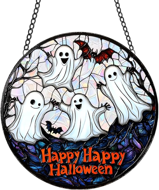 Halloween Sun Catcher - 8 Inch Round Suncatcher for Window Hanging Decoration - Creates Indoor Rainbows Light Refraction - Spooky Ghost, Witch, Pumpkin Design - Suction Cup Hook & Chain