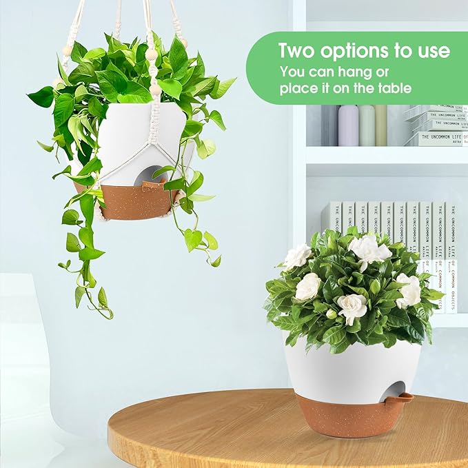 Hanging Planters for Indoor Outdoor Plants, 2 Pack Self Watering Hanging Pot with Drainage Holes, Removable Tray & 2 Kinds of Plant Hangers, 10'' Hanging Flower Pots for Home Garden Decor, White