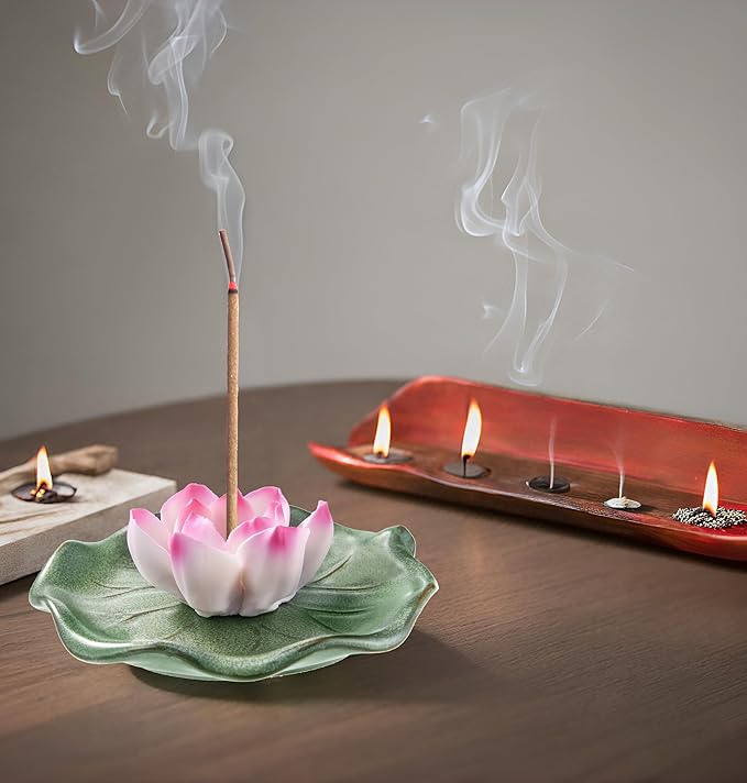 KR. LIF Lotus Incense Holder & Burner, Agarbatti Stand, Detachable Lotus Leaf Incense Tray, Ash Catcher for Altar, Sage & Palo Santo, Ceramic