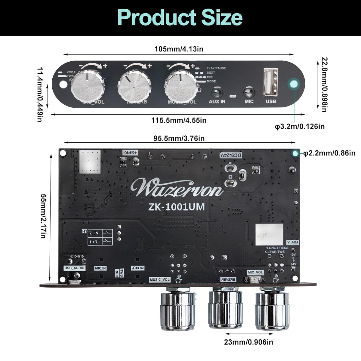 ZK-1001U 100W 9-24V PRO with Mic Input Blue-Tooth Mono Amplifier Board, Echo & EQ, TWS Pairing, USB/AUX, Adjustable Mic