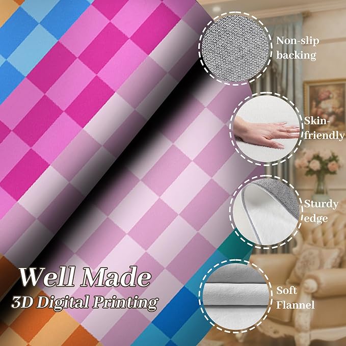 Multicolored Checkerboard Grid Runner for Entryway, 3.3x10ft, Boho Colorful Checkered Pattern Kids Playing Mat, Cozy Soft Absorbent Reduce Noise Rugs, Durable Washable Carpet for Family