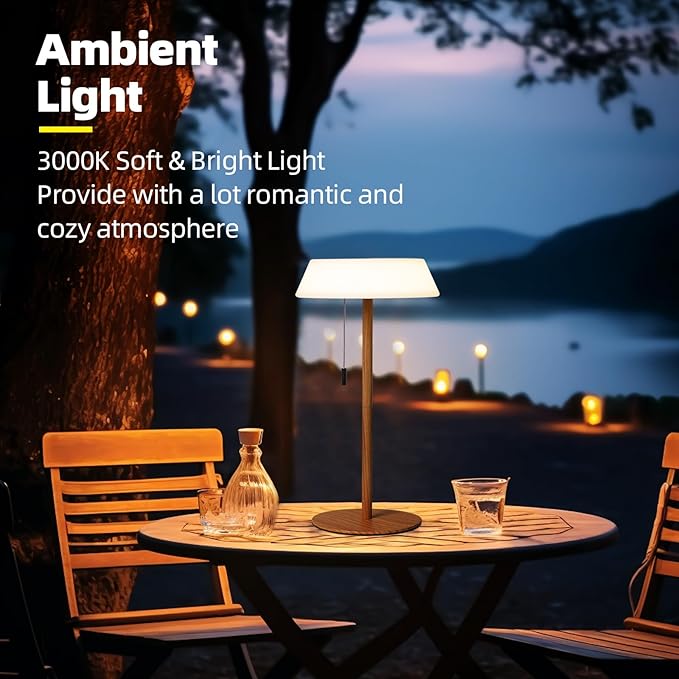 Solar LED Outdoor Table Lamp Waterproof, 3 Level Dimmable Desk Night Light, Portable Cordless USB Rechargeable, for Home/Deck/Patio/Garden (Wood Grain)