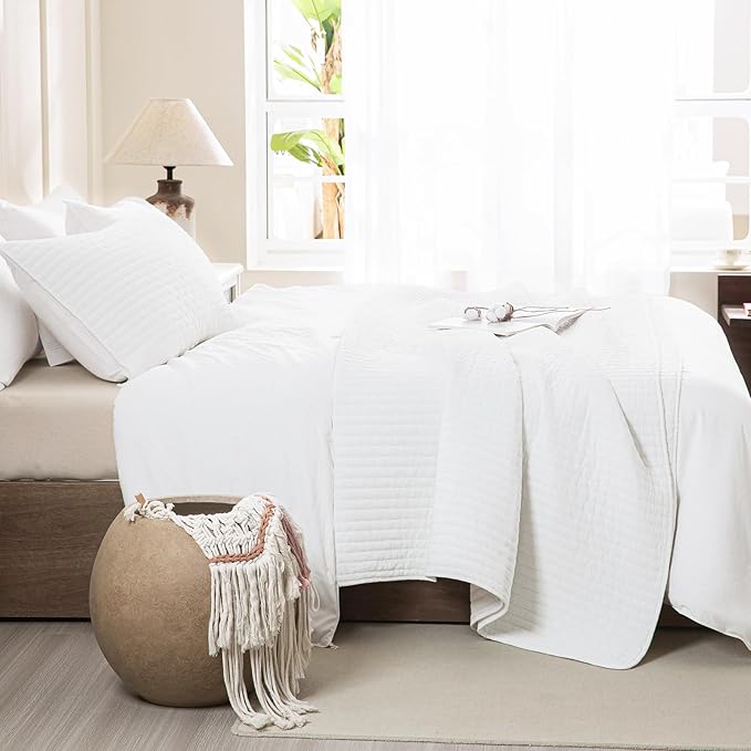 Sanracie Stonewashed Oversized King Quilt(120"x120"), Cotton Milk White California King Quilt Coverlet Sets 3Pcs Ultra Soft Crinkle Cross Stitch Bedspreads Sets for All Season