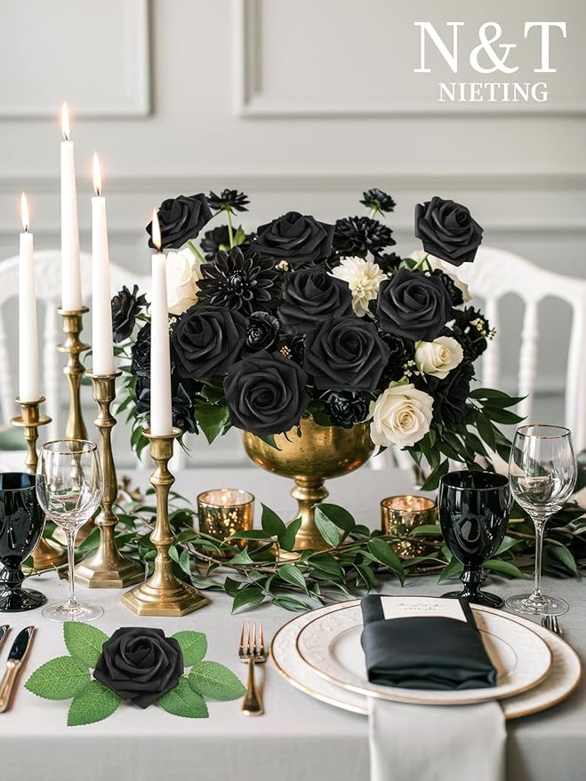 N&T NIETING Artificial Flowers Black Rose 25pcs Real Touch Flowers Perfect for for DIY Bouquets Wedding Party Baby Shower Home Halloween Decoration