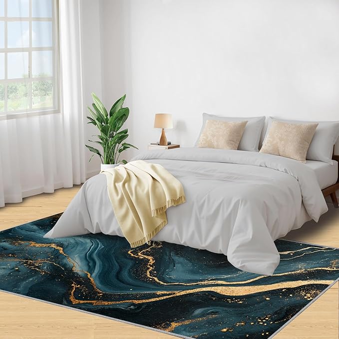 Marble Washable Area Rugs 5x7 Non-Slip Fluid Art Living Room Rug Gold Lines Soft for Carpet Low Pile Indoor Door Mat & Room Decor