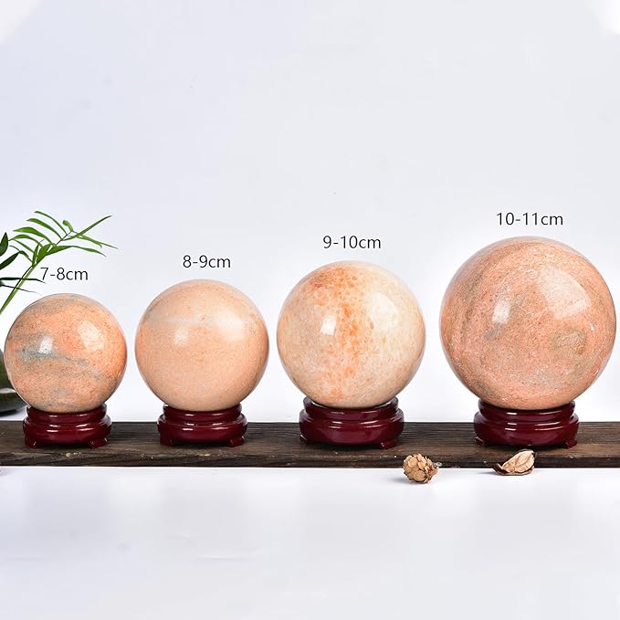 JIC Gem Big Sparkling Quartz Crystal Ball Sunstone Healing Crystal Gemstone Sphere with Decorative Wooden Stand for Meditation Gifts Decoration (80-90mm)