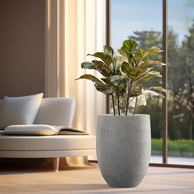 Kante 21.7" H Natural Concrete Tall Planter, Large Outdoor Indoor Decorative Pot with Drainage Hole and Rubber Plug, Modern Round Taper Style for Home and Patio