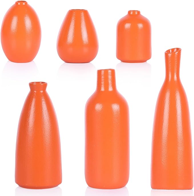 Matte Orange Vase Set of 6 - Bud Vases in Bulk, Modern Minimalist Flower Vases for Home Decor, Ceramic Mantle Vase Set, Rustic & Boho Centerpiece Vases for Entryway Table, Shelf, Living, or Bathroom