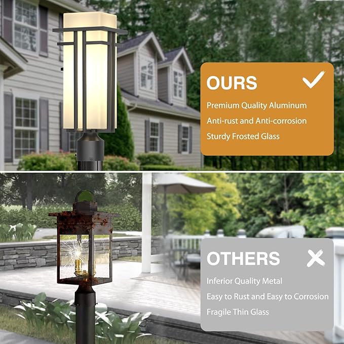 Outdoor Post Light Fixture - Aluminum Lamp Posts Outdoor Lighting, Outdoor Lightpost Lantern with 3-Inch Pier Mount Base Outside Pole Lighting for Porch Garnden (19.3''H, 1 pc)
