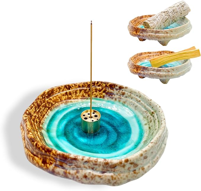 Ceramic Incense Burner Holder for Sticks, Handmade Palo Santo Holder, Incense Cone Dish Bowl for Coil, Sage Cones, Ash Catcher, Smudge Bowl for Yoga Meditation Room Décor