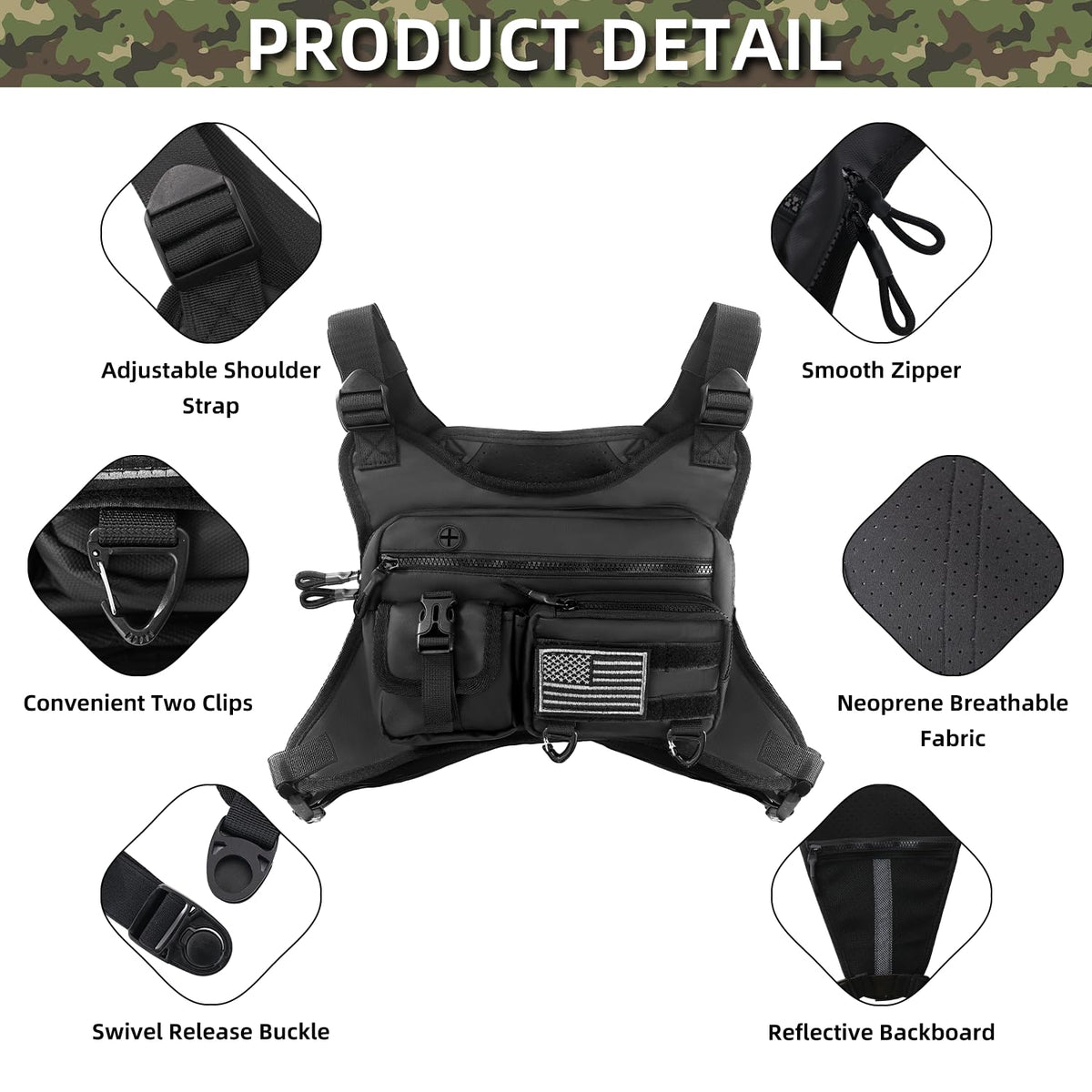 QCBF Outdoor Sports Chest Bag for Men, Running Vest Tactical Pack, Water Resistant Lightweight Front Run, with Extra Storage, Chest Vest Holster Fits Most Pistols, Fit Hiking (Black)