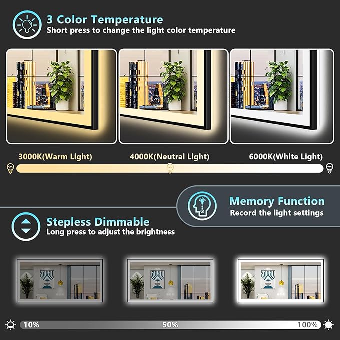 84x40 Black Framed LED Bathroom Mirror with Lights, Backlit and Front Lit, Anti-Fog Lighted Vanity Mirrors for Bathroom Wall, Dimmable, 3-Color Light, Memory, Shatter-Proof, HD Tempered Glass