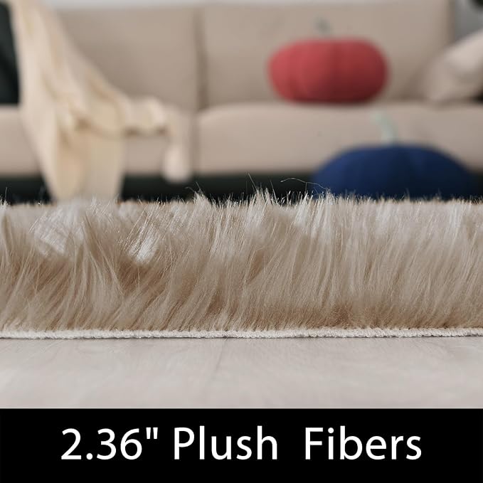 Latepis Camel Living Room Rugs Faux Sheepskin Fur 6x9 Area Rugs for Bedroom Fluffy Washable Large Rug for Floor Rug Home Decor Beige Rectangle
