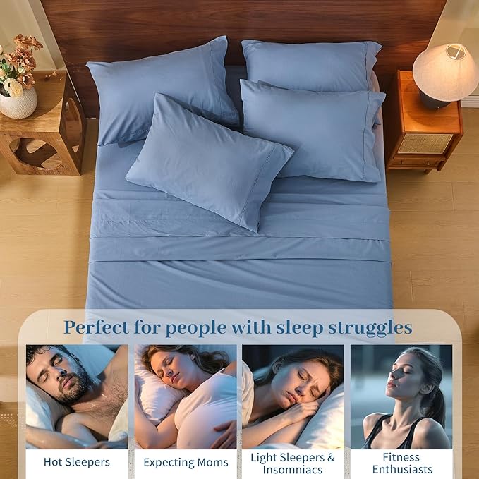 MEISHANG 100% French Pure Linen Sheets King Size - Bed Sheets 4 Piece Sets, Soft Durable Flax Linen, Anti-Tear Breathable Oeko-Tex Certified with 16" Deep Pocket (Dusty Blue)