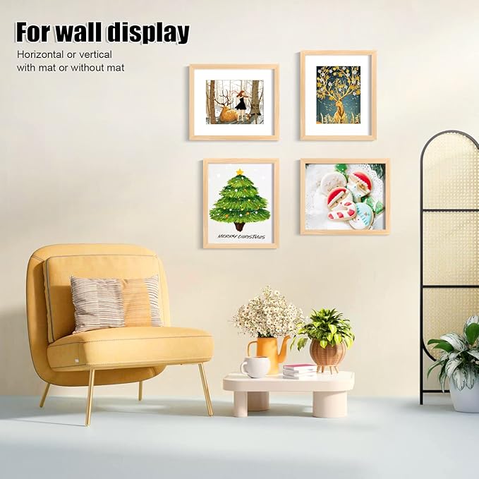 KINLINK 10x12 Picture Frame Natural, Solid Wood Frames with Acrylic Plexiglass for Pictures 7x9 with Mat or 10x12 without Mat, Tabletop and Wall Display Photo Frame, Set of 4