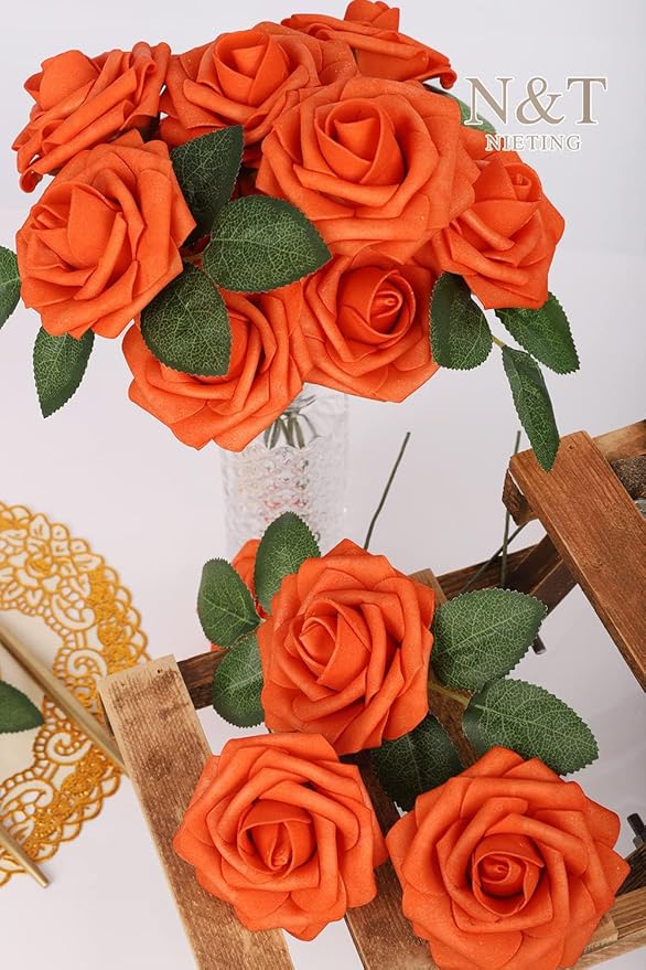 N&T NIETING Artificial Flowers, Fake Flowers Burnt Orange Roses Perfect for DIY Wedding Bridal Bouquets Centerpieces Bridal Shower Party Home Flower Arrangement Decorations, 50Pcs