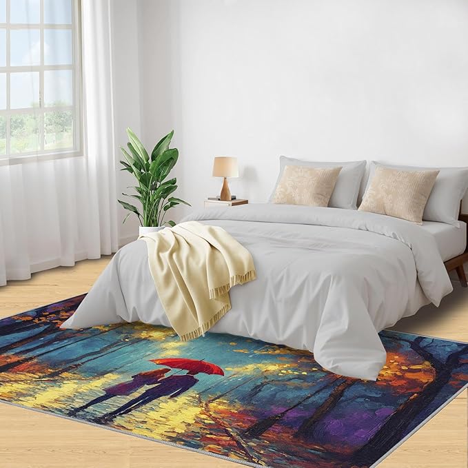 London Streets Washable Rugs 2x3 Rug for Living Room, Rainy Night Oil Painting 2x3 Rug Autumn Landscape Low-Pile Carpet for Bedroom Dining Non Slip Mat with Rubber Back