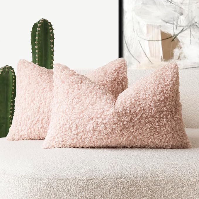 Foindtower Set of 2 Curly Teddy Wool Pillow Covers Decorative Boucle Textured Lumbar Throw Pillow Faux Fur Sherpa Pillowcases Sheepskin Fuzzy Cushion Case for Sofa Bedroom Car 12"x20" Light Pink