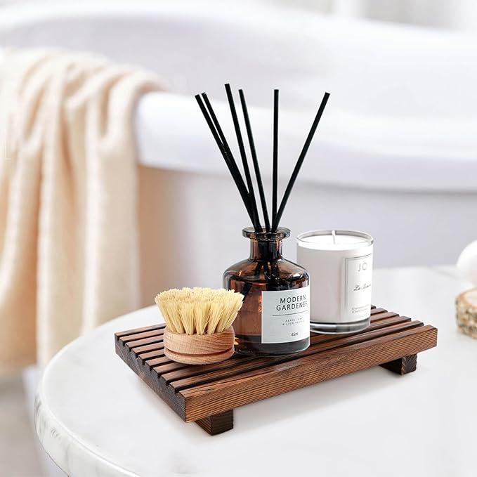 Farmhouse Bathroom Counter Organizer Wooden Display Pedesta Stand Small Kitchen Countertop Trays Decorative Wood Riser Dish Soap Dispenser Holder for Bathroom Decor Sink Accessories Vanity Tray