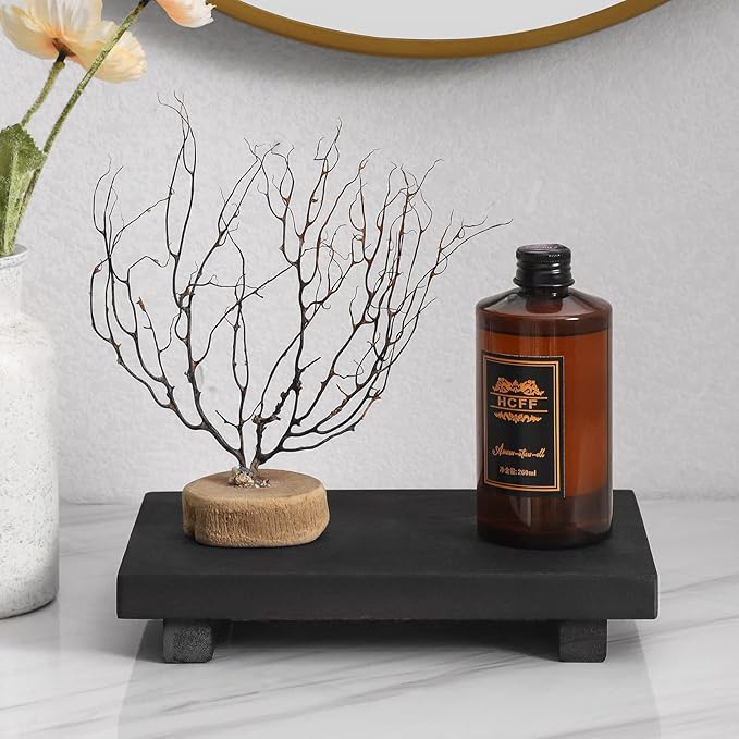 zoocatia Small Wood Tray Pedestal Stand Farmhouse Bathroom Decor Decorative Wooden Riser Kitchen Soap Dish Holder for Vanity, Counter, Sink, 9" x 5.9" - Black