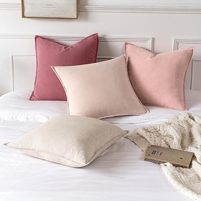 MIULEE Decorative Linen Euro Sham Pillow Covers 24x24 Pink Boho Farmhouse Neutral Valentine Spring Couch Throw Pillows for Bed Pack of 2 Accent Modern Pillowcase Sofa Livingroom Home Decor
