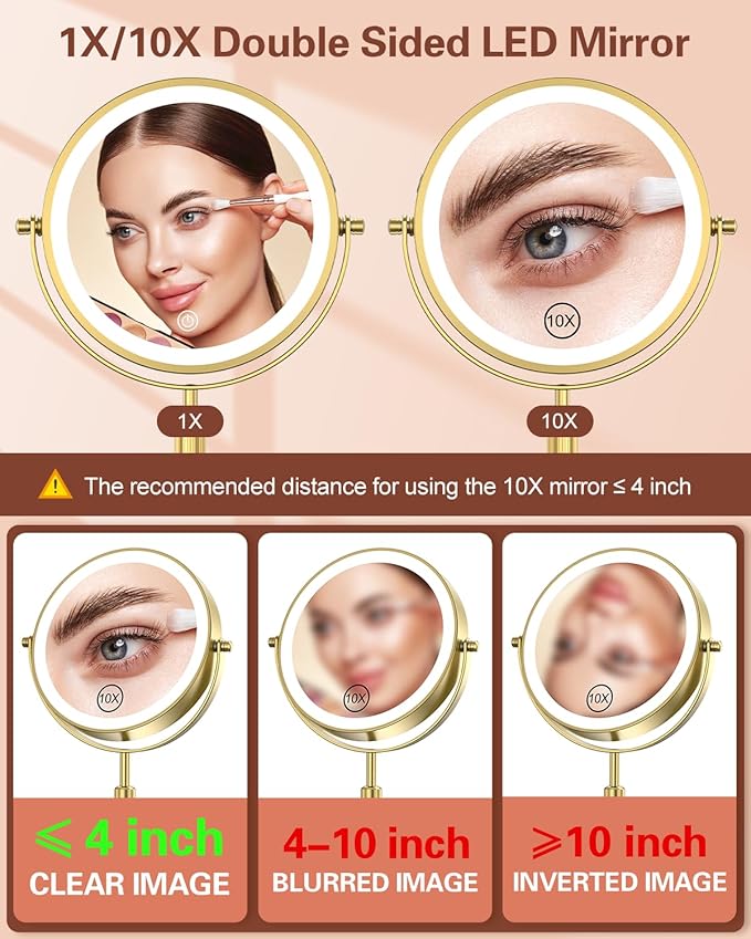 Benbilry Lighted Makeup Mirror with 3 Color Lights & 10X Magnification, Adjustable Brightness & Height, 7 Inch 360° Swivel Rechargeable 10X LED Magnifying Vanity Mirror with Light, Gold