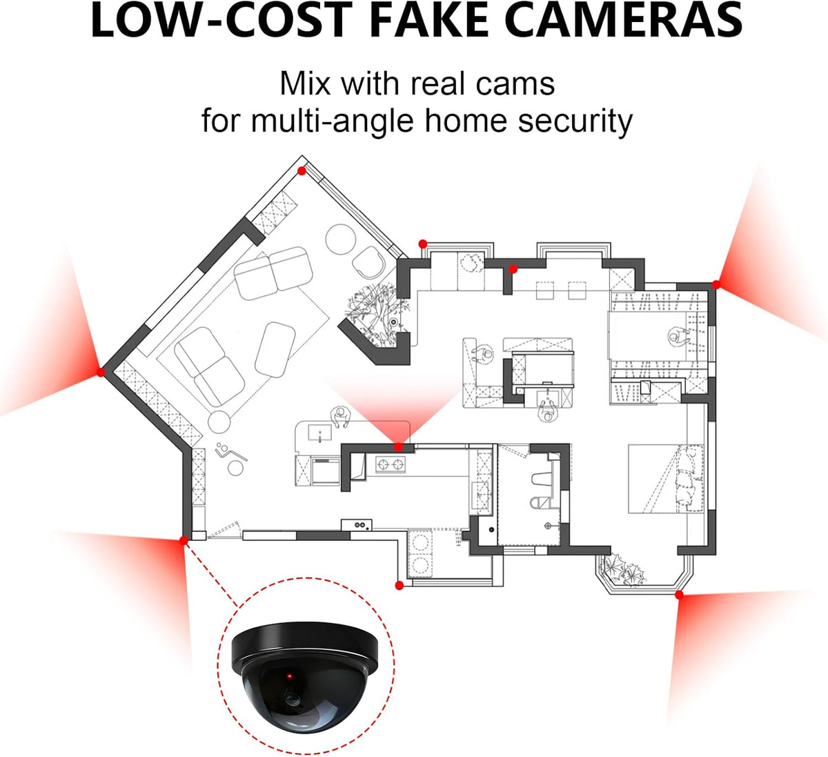 WALI Dummy (SD-4), 4 Packs, Fake Security CCTV Dome Camera with Flashing Red LED Light with Security Alert Sticker