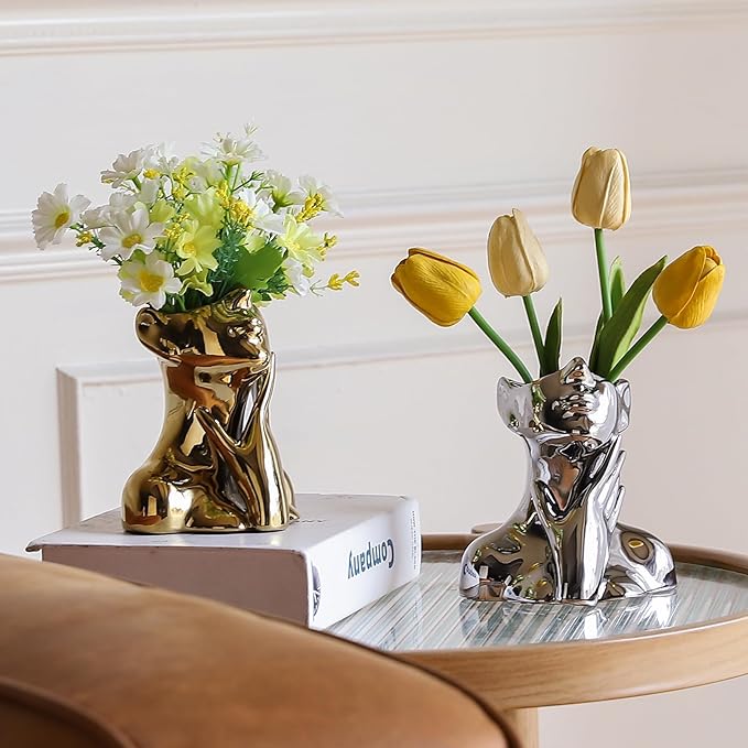BrownLove Silver Ceramic Face Vase, Modern Silver Decorative Art Vase, Bookshelf Placed On The Desktop, Small Living Room, Office and Bedroom