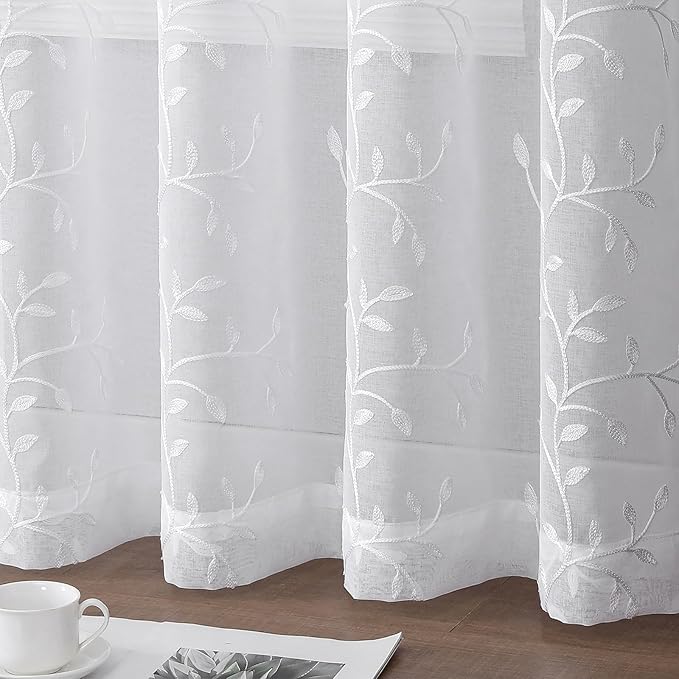 VISIONTEX White Sheer Voile Curtains, Decorative Leaves Embroidery Faux Linen Rod Pocket Window Drapes for Home Kitchen, Living Room and Bedroom 54 x 108 Inch, Set of 2 Curtain Panels