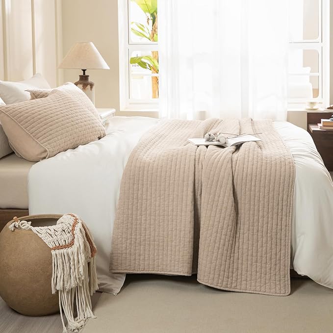 Sanracie 100% Cotton Oversized King Quilt (120"x120"), Warm Taupe Colored Cross Stitch Pattern Quilt Bedding Set 3Pcs Ultra Soft Cozy California King Bed Coverlet Set for All Season