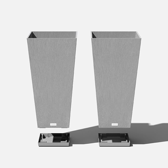 Veradek V-Resin Indoor/Outdoor Taper Planter (Gray, 30 inch - 2 Pack with 2 Saucer Trays)