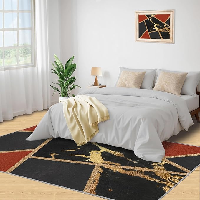 Black Gold Marble Area Rug Modern Abstract Marble Rug Polygonal Geometric Patchwork Carpet 3D Light Luxury Geometric Line Carpet for Living Room Playroom 8x10ft