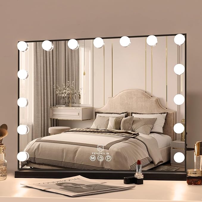 FENCHILIN Vanity Mirror with Lights,Hollywood Lighted Mirror with Dimmer Bulbs, Vanity Makeup Mirror Smart Touch Control (Black)
