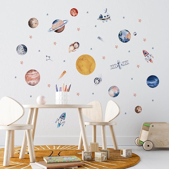 Solar System Wall Decals for Kids - Planets and Space Themed Wall Stickers by Lipastick - Peel and Stick Vinyl Decals for Boys and Girls Bedroom, Nursery, Playroom, Daycare - M Size