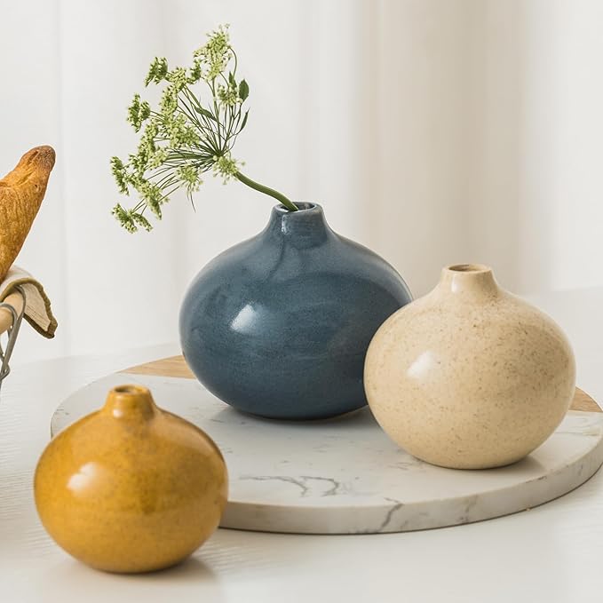 Ceramic Vase Set of 3,Small Vase for Home Decor,Mini Flower Vase, Decorative Vase for Table Living Room,Bedroom, Kitchen, Bathroom, Bookshelf