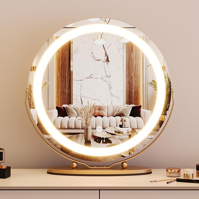 Garvee 19 in Vanity Mirror with Led Lights, Large Round Makeup Mirror with Touch Control and 3 Color Lighting Modes, Round Vanity Mirror for Bedroom, Tabletop, Living Room, Easy to Install, Gold