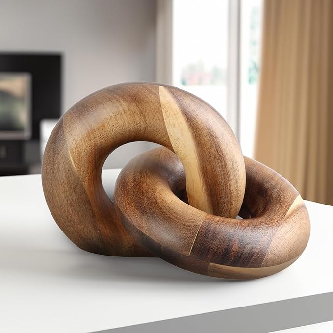 2 Link Wood Chain Link Decor Wood Knot Decor for Coffee Table, Living Room, Bookshelf - Hand Carved Farmhouse Decorative Fusion Knots - Boho Acacia Knot Sculpture for Scandirustic Home Accents